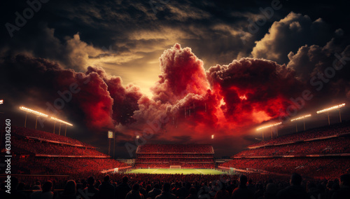 Scary dramatic red clouds hanging over the stadium. Spectators watching the game on the field at night.