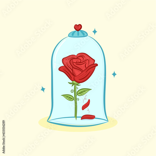 vector cute single rose under flask glass (glass dome). Red eternal flower art. Royal luxury fairy symbol. Beauty and Beast story. Vintage fairytale element.  