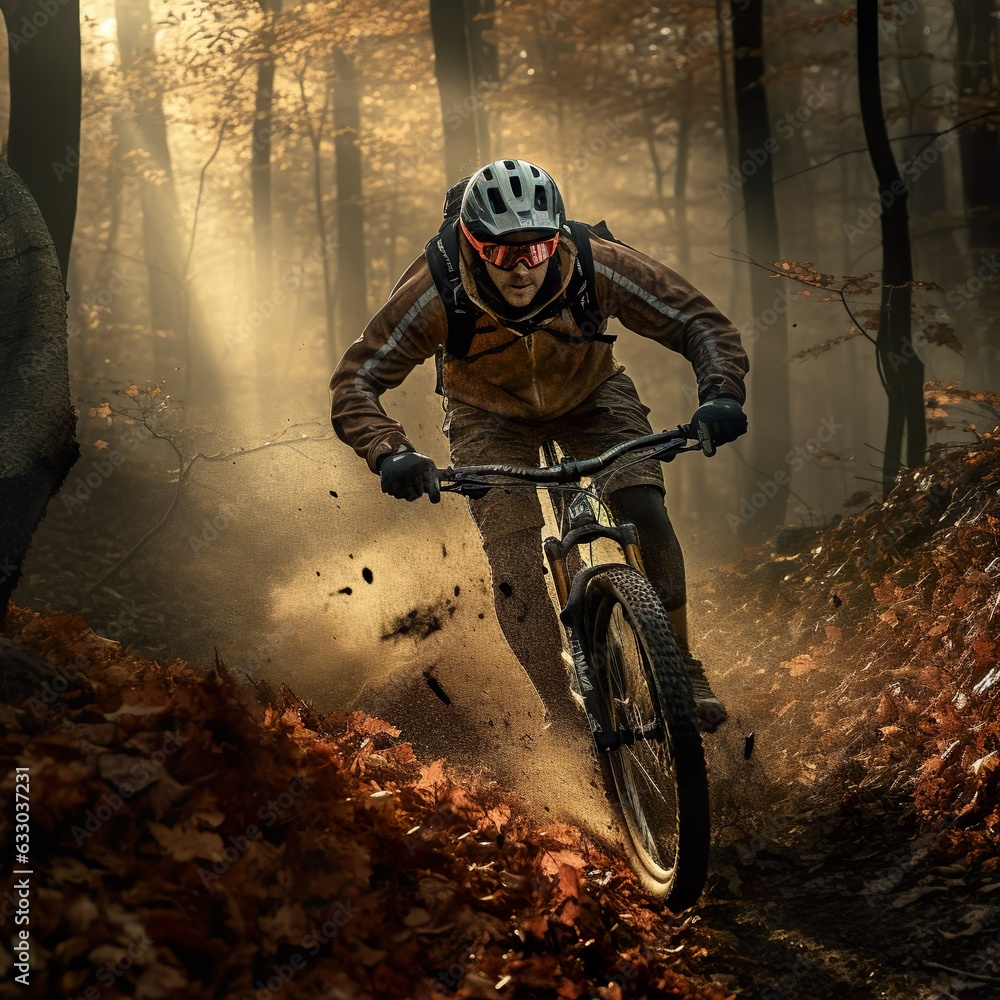mountain biking in the forest,mountain biker speeding downhill on a mountain bike track in the woods.