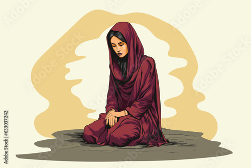 A young Muslim woman wearing a burqa is sitting on the ground in a sad mood