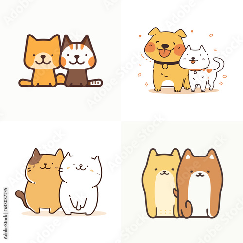 Cute Cat and Dog in Yellow and Orange: Minimalist Organic Line Art Hand-Drawn