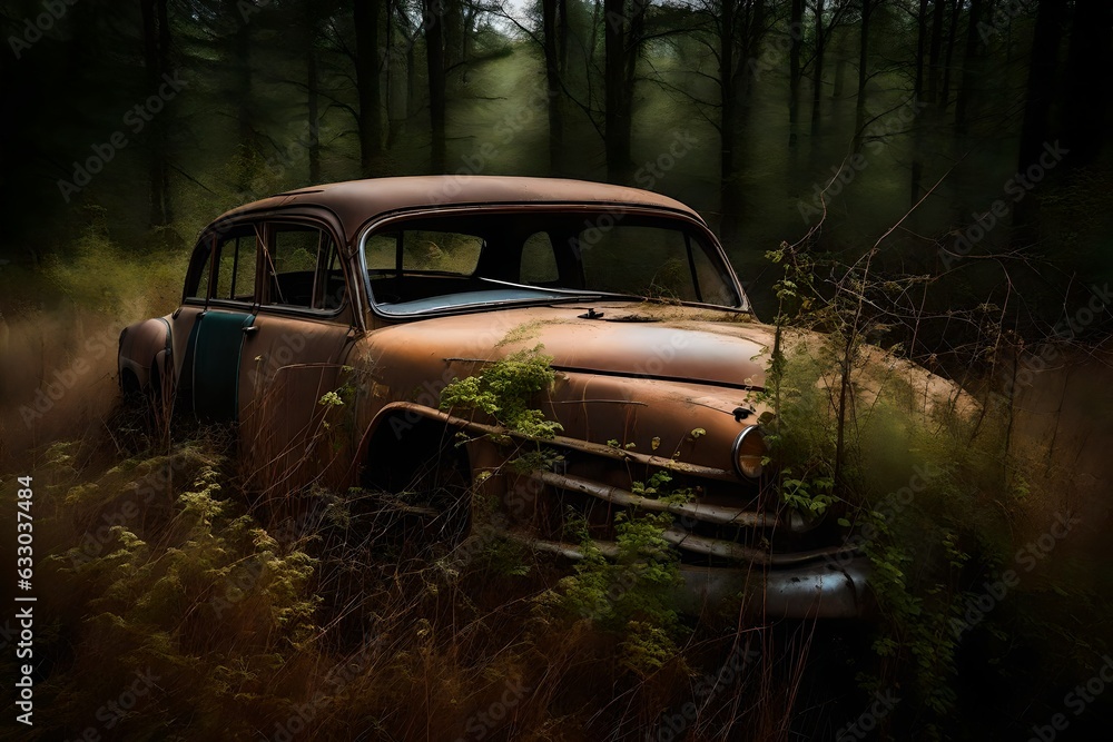 car wreck in bushes, old cars, abandoned cars, muscle car, classic car - Generative AI car wreck in bushes, old cars, abandoned cars, muscle car, classic car - Generative AI