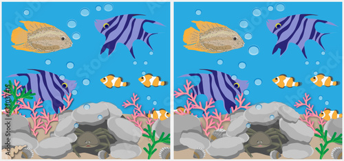 Find 10 differences: fish, crab, coral. Vector graphics for children's development and games. photo