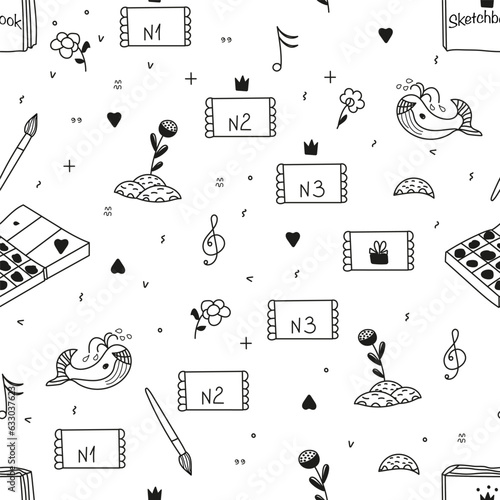 seamless school pattern with different doodle elements: sketchbook, paints, flowers, notes, numbers. Vector illustration