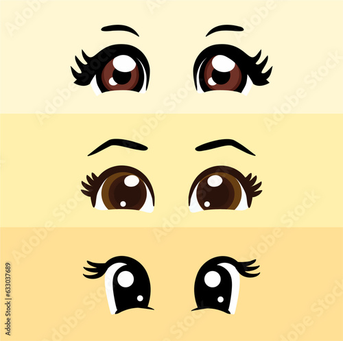 Kawaii manga style female cute eyes set. Drawing doll eyes, eyes for mascot. Beautiful eyes with female eyelashes.