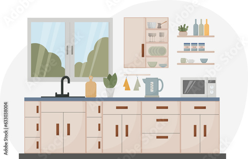 modern kitchen interior, flat style, furniture, dishes, appliances, towel, sink, window, microwave, wine glasses, mug, kettle, vector illustration