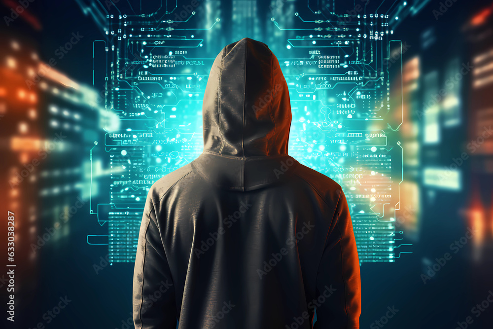 Hacker in Hoodie - Cybersecurity Threat and Digital Intrusion. AI Generated.