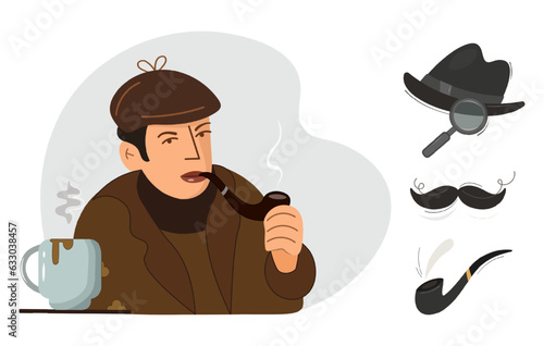 Detective set with Sherlock Holmes. Retro design of a male character with equipment. Icon set elements: male detective, bowler hat, pipe, coffee cup, magnifying glass, mustache. Vector