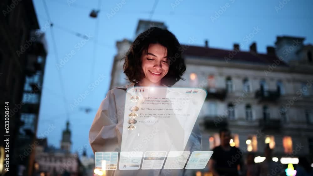 Beautiful Smiling Woman Using Phone on a City Street at Night. Visualization of Social Media, Chatting, Texting, Messaging App Icons Flying Around the Phone. Social Networking Service