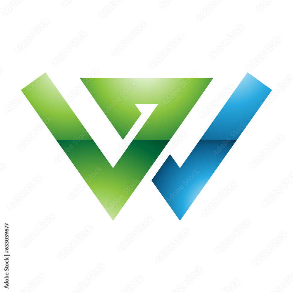 Green and Blue Glossy Letter W Icon with Intersecting Lines Green and Blue Glossy Letter W Icon with Intersecting Lines