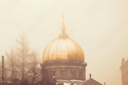The golden dome of an Orthodox temple against a hazy sky background. Temple dome with a golden cross