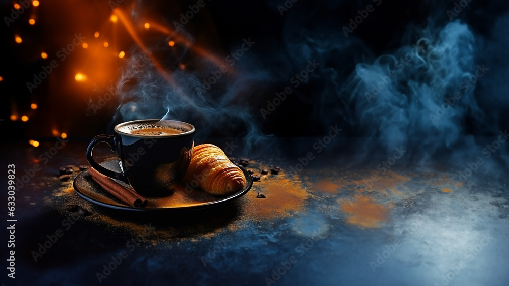 Heisse Tasse Kaffe mit Hörnchen Croissant im dunklen Licht, ai generativ Heisse Tasse Kaffe mit Hörnchen Croissant im dunklen Licht, ai generativ