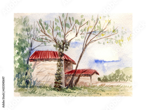 watercolor illustration landscape scenery with house