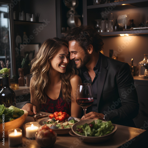 Beautiful young couple is eating salad and smiling while sitting at the table in home