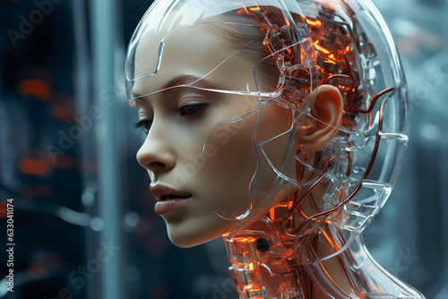 Futuristic portrait of half cyborg, half human woman in an advanced technology augmented protective suit. photo