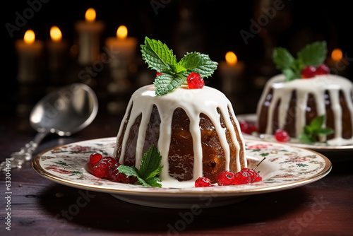 Christmas pudding is traditional festive British dish, close-up of delicious sweet dessert with cranberries on plate photo