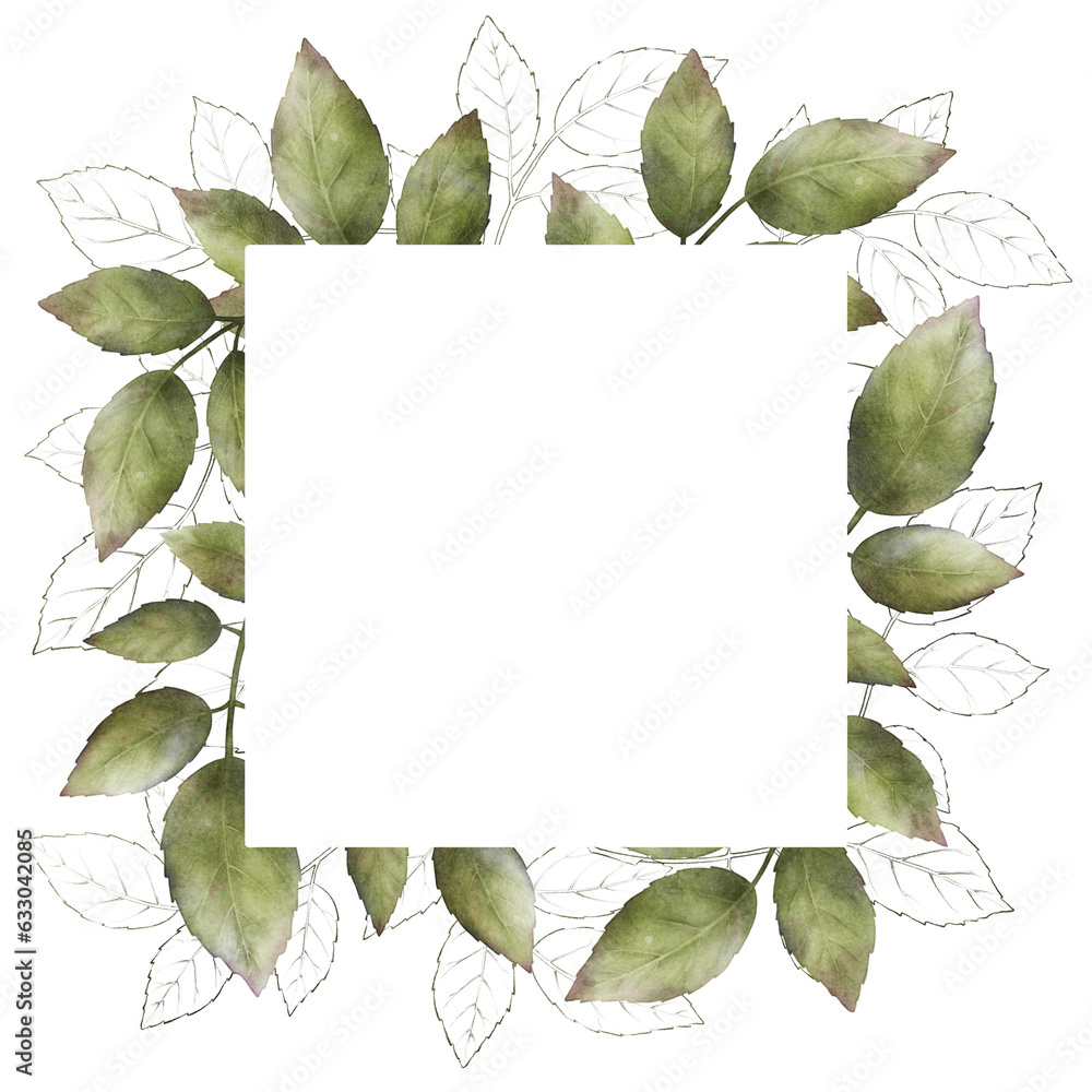 Naklejka premium Frame design with watercolor green leaves and ink-drawn leaves Botanical illustration. Square flower frame for postcards, greetings, invitations