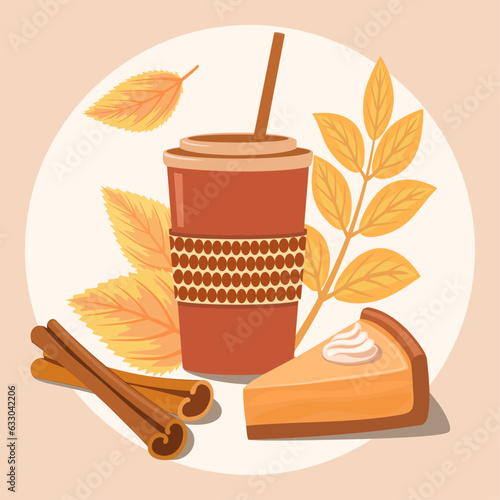 Coffee cup with pumpkin pie, cinnamon stick, and leaf fall. Autumn season clip art. Pumpkin spice latte in a disposable cup. Vector illustration.