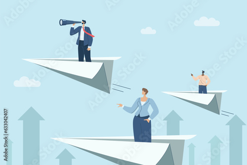 Business development concept, new ideas, Business opportunities open up world view, Businessman using binoculars on paper plane. Research and forecast concept.