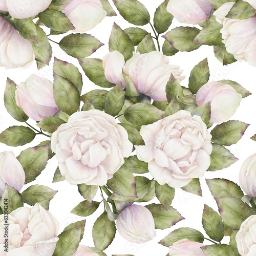 Seamless delicate pattern of watercolor white-pink roses with green leaves on a transparent background. Botanical repeatable floral background for home decor, fabrics, wallpapers, wrapping paper