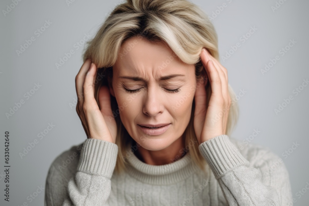 portrait of stressed middle aged woman touching head with hands isolated on grey portrait of stressed middle aged woman touching head with hands isolated on grey