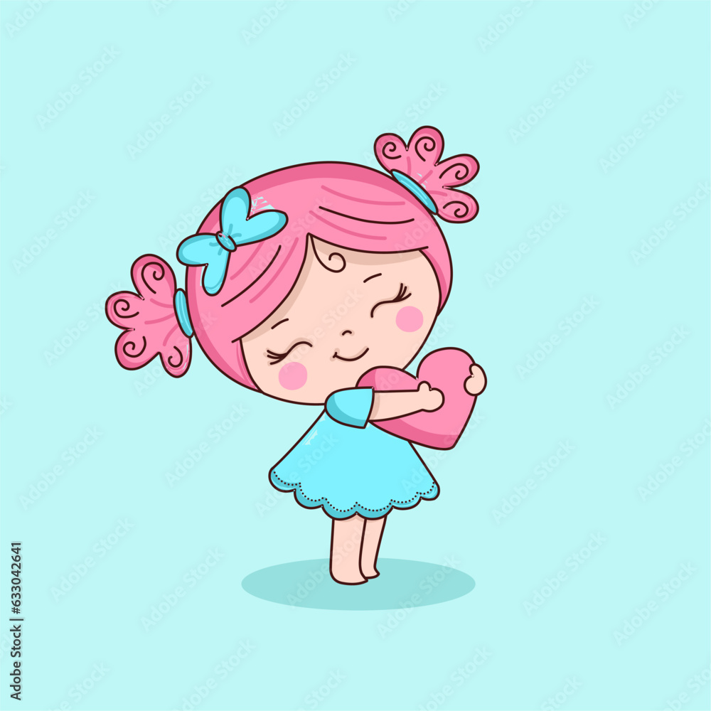 Cute girl holding heart logo banner hand drawn cartoon art illustration Cute girl holding heart logo banner hand drawn cartoon art illustration
