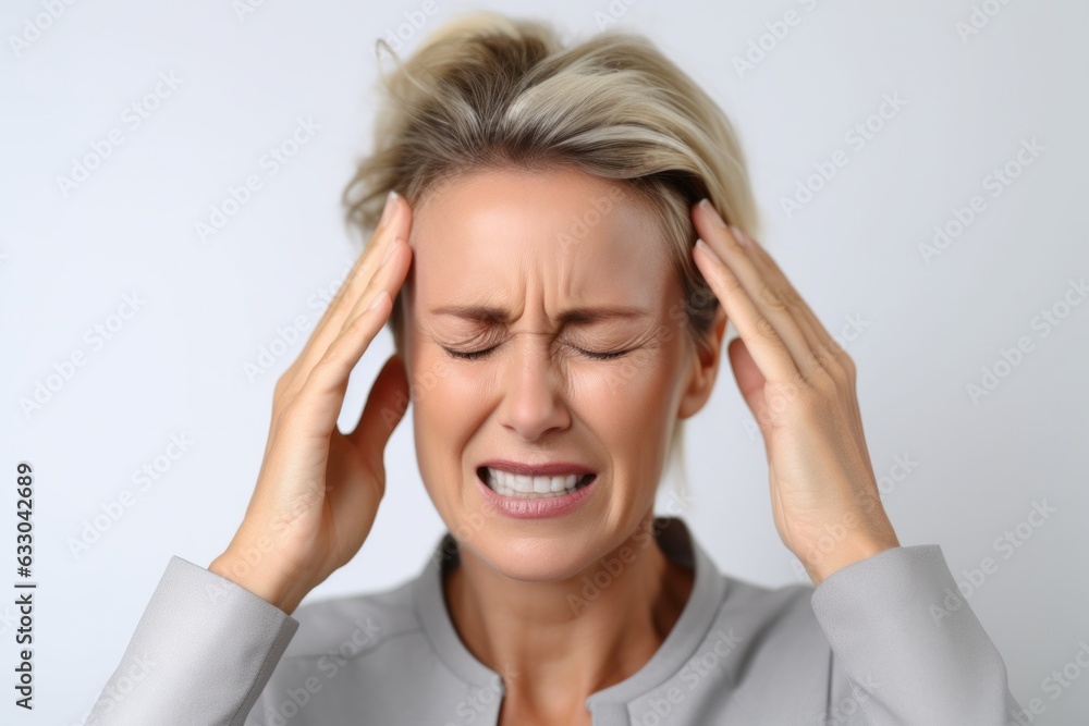 Woman suffering from headache on light background. Health care and medicine concept Woman suffering from headache on light background. Health care and medicine concept