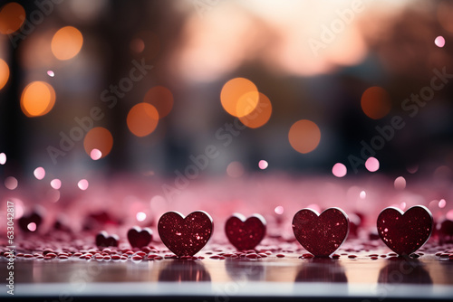 Magenta themed Valentines scene sparkling bokeh, pink red hearts in panoramic expanse Generative AI