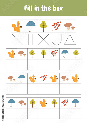 Fill in the box. Decode encode picture. Printable worksheets activities preschool education, kindergarten, homeschooling, pedagogical purpose. Logical game early cognitive development. Autumn objects.