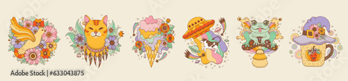 Retro hippie psychedelic art set with flowers, frog on mushroom, cat hippy, dove peace symbol, UFO, Halooween tea cup. Groovy stickers with hippy sticker. Vector doodle emoji set. Hippy groovy icons