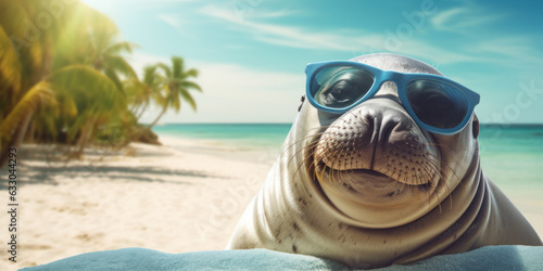 Seal wearing sunglasses on tropical beach background. Generative ai.