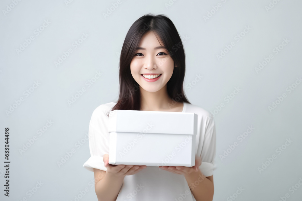 In front of view portrait of woman wearing T-shirt standing with carton box and looking at camera with sweet smile isolated on white gray background. Generative AI. In front of view portrait of woman wearing T-shirt standing with carton box and looking at camera with sweet smile isolated on white gray background. Generative AI.