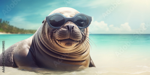 Seal wearing sunglasses on tropical beach background. Generative ai. © tonktiti