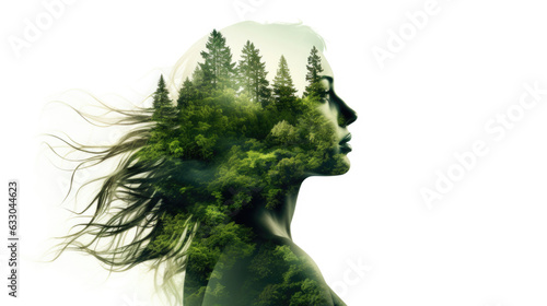 Silhouette beautiful woman with Green Forest and Grass Hair. Nature ecology concept.
