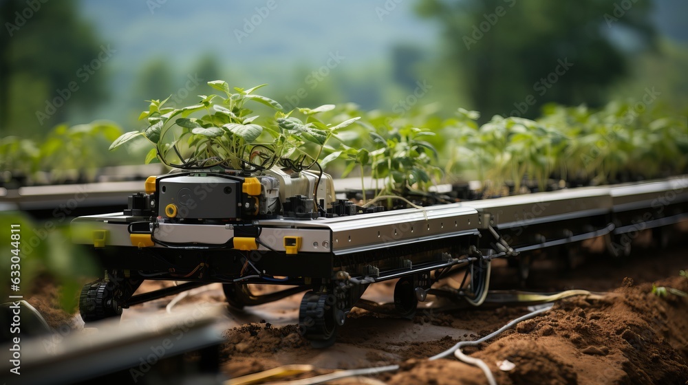 Obraz premium Robot drone for the care and collection of greens and vegetables. Automated harvesting in the greenhouse and in the garden, advanced technology.