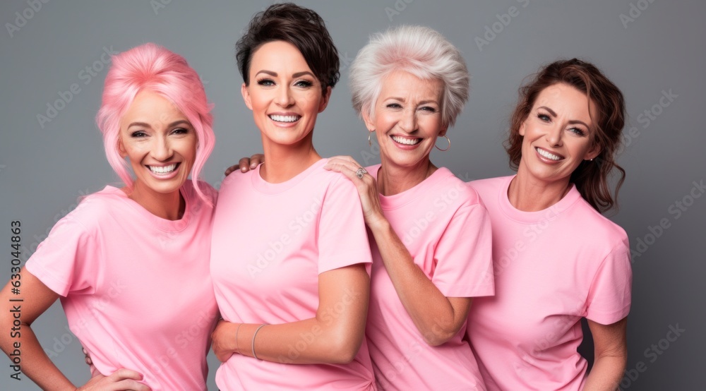 Obraz premium studio shot of a group of smiling women in pink clothes are posing together