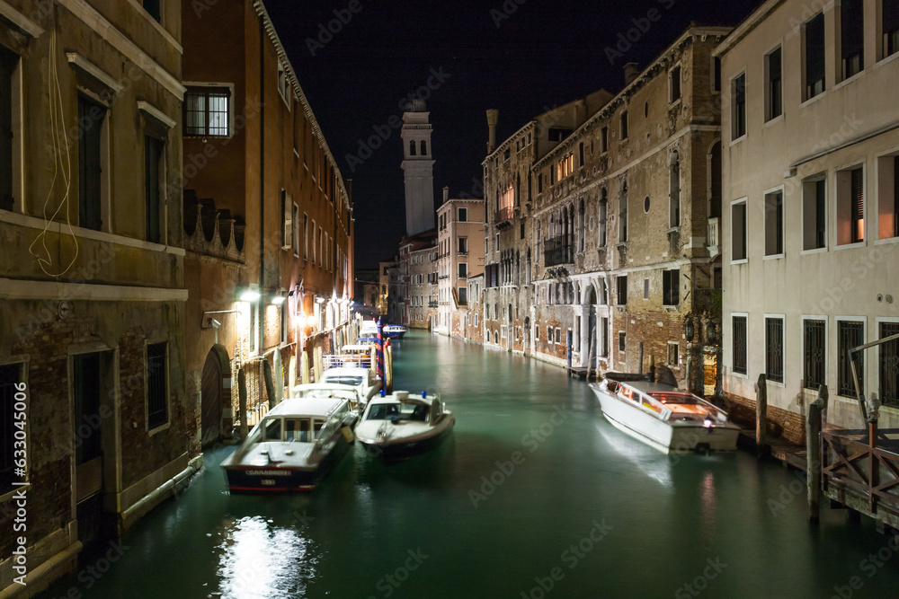 Boats in Venice Canal at Night