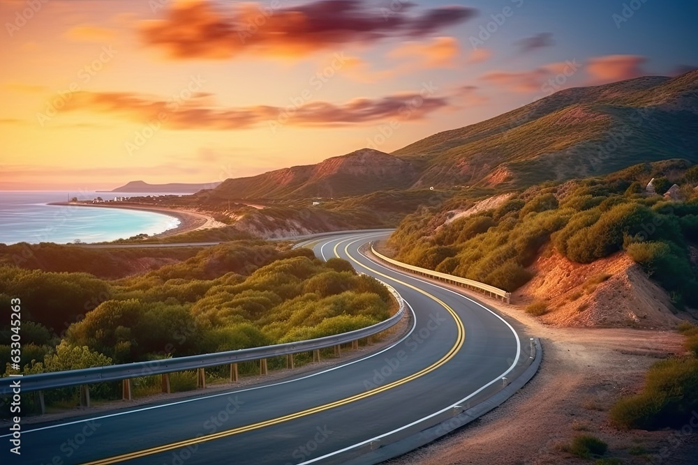 the summery highway scenery. picture on a motorway during a bright sunset. Summertime roadside sight near the coast. A vibrant seascape with a lovely road. The roads of Europe. a vibrant natural the summery highway scenery. picture on a motorway during a bright sunset. Summertime roadside sight near the coast. A vibrant seascape with a lovely road. The roads of Europe. a vibrant natural