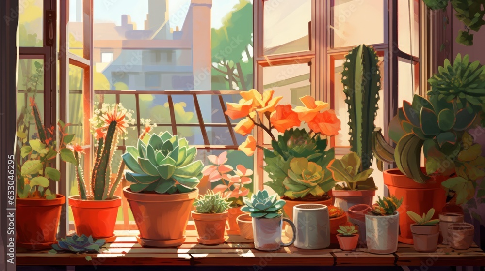 window with flowers. Generative AI window with flowers. Generative AI
