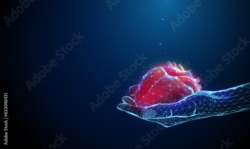 Abstract blue giving hand with red human heart. World organ donation day, world heart day concept