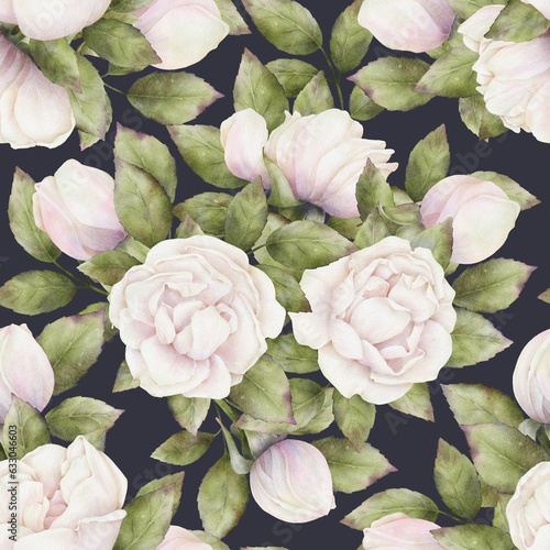 Seamless delicate pattern of watercolor white-pink roses with green leaves on a dark blue background. Botanical repeatable floral background for decor  fabrics  textiles  wallpapers  wrapping paper