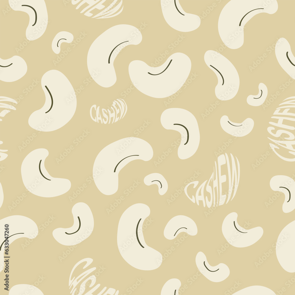Repeating Seamless Cashew pattern on green background. Seamless Cashew nuts and cashew cute doodle Pattern. Vegan background. Vector Illustration. EPS 10.
