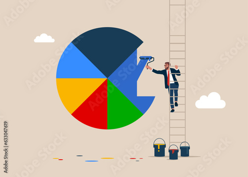 Businessman climb up stepladder to paint a pie chart. Rebalancing investment portfolio to suitable for risk and return. Investment asset allocation and rebalance. Vector illustration.