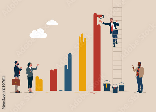 Business people draws a graph of growth in indicators with paint. Financial and economic growth. Vector illustration in flat style.