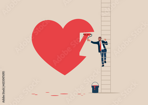Businessman climb up stepladder to paint a heart. Valentines day concept for banner, website design or landing web page. Modern vector illustration in flat style.