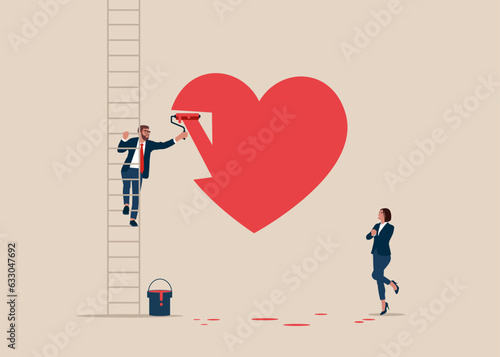 Boyfriend climb up stepladder and in love paint a love heart shape. Girlfriend rejoices.  Valentines day concept. Vector illustration in flat style.