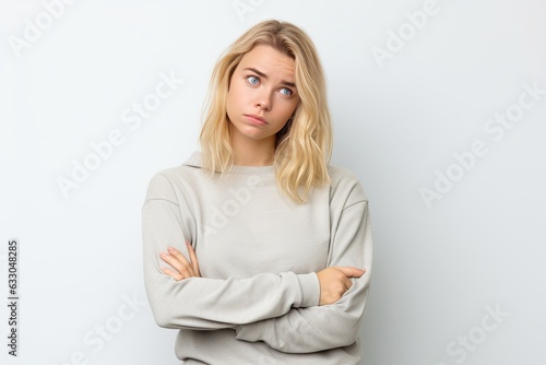 Portrait of troubled and annoyed blond girl tired of listening same old lies and excuses leaning on palm and staring skeptical with bothered bored expression standing white background