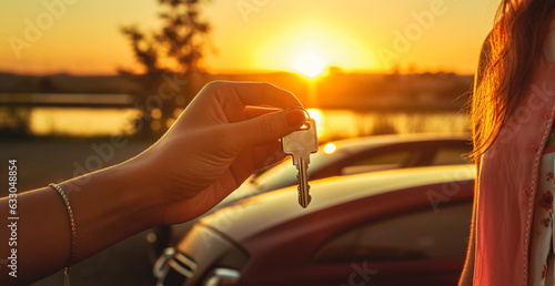 Key in hand on the background of the sunset. The concept of buying a new apartment.