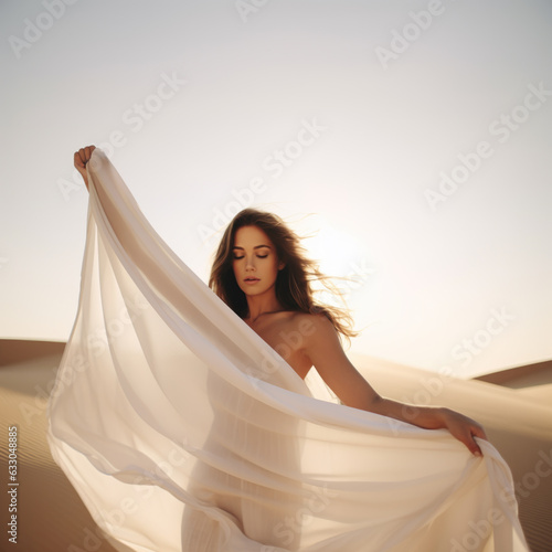Woman in a long white dress walking in the desert with flowing fabric in the wind