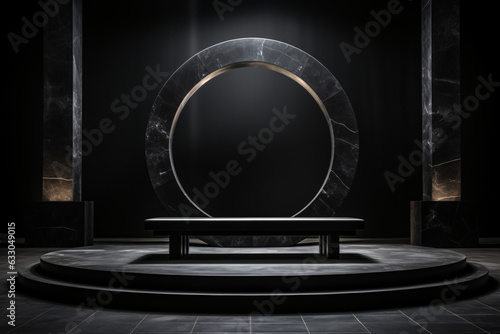 An empty ensemble featuring a spotlighted podium amidst the deep allure of obsidian, creating a captivating focal point